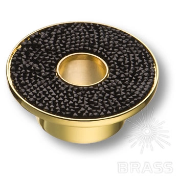 STONE32/O-SW/N Ручка-кнопка мебельная c чёрными кристаллами Swarovsk, глянцевое золото 32 мм