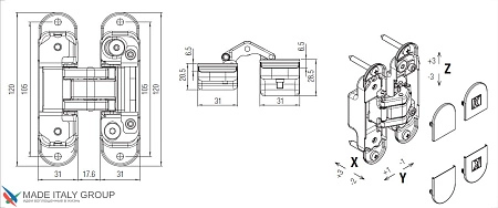 KUBICA K8000 ATOMIKA DXSX, CR.SAT петля скрытая универсальная МАТОВЫЙ ХРОМ (60 kg)