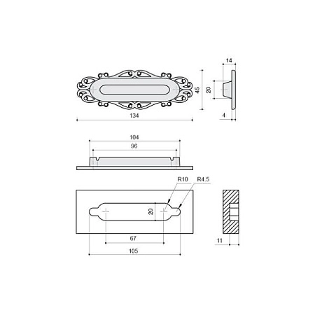 15258Z13400.25 Ручка мебельная врезная 96 мм, серебро старое