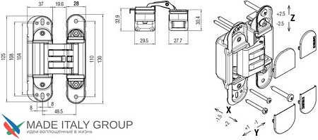 KUBICA HYBRID 6360 45 CR.SAT петля скрытая универсальная асимметричная, МАТОВЫЙ ХРОМ (60 kg)