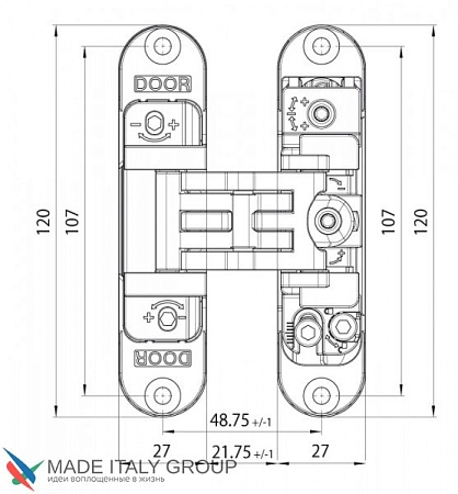 KUBICA 2700 DXSX, CS петля скрытая универсальная центральная МАТОВЫЙ ХРОМ (60 kg)