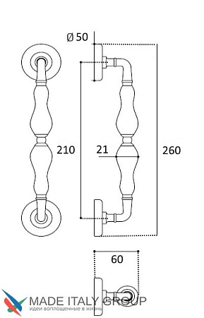 Дверная ручка-скоба Venezia VIGNOLE 260 мм (м/о 210 мм) D1 полированная латунь