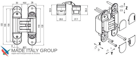 KUBICA HYBRID 6360 38 CR.SAT петля скрытая универсальная асимметричная, МАТОВЫЙ ХРОМ (60 kg)
